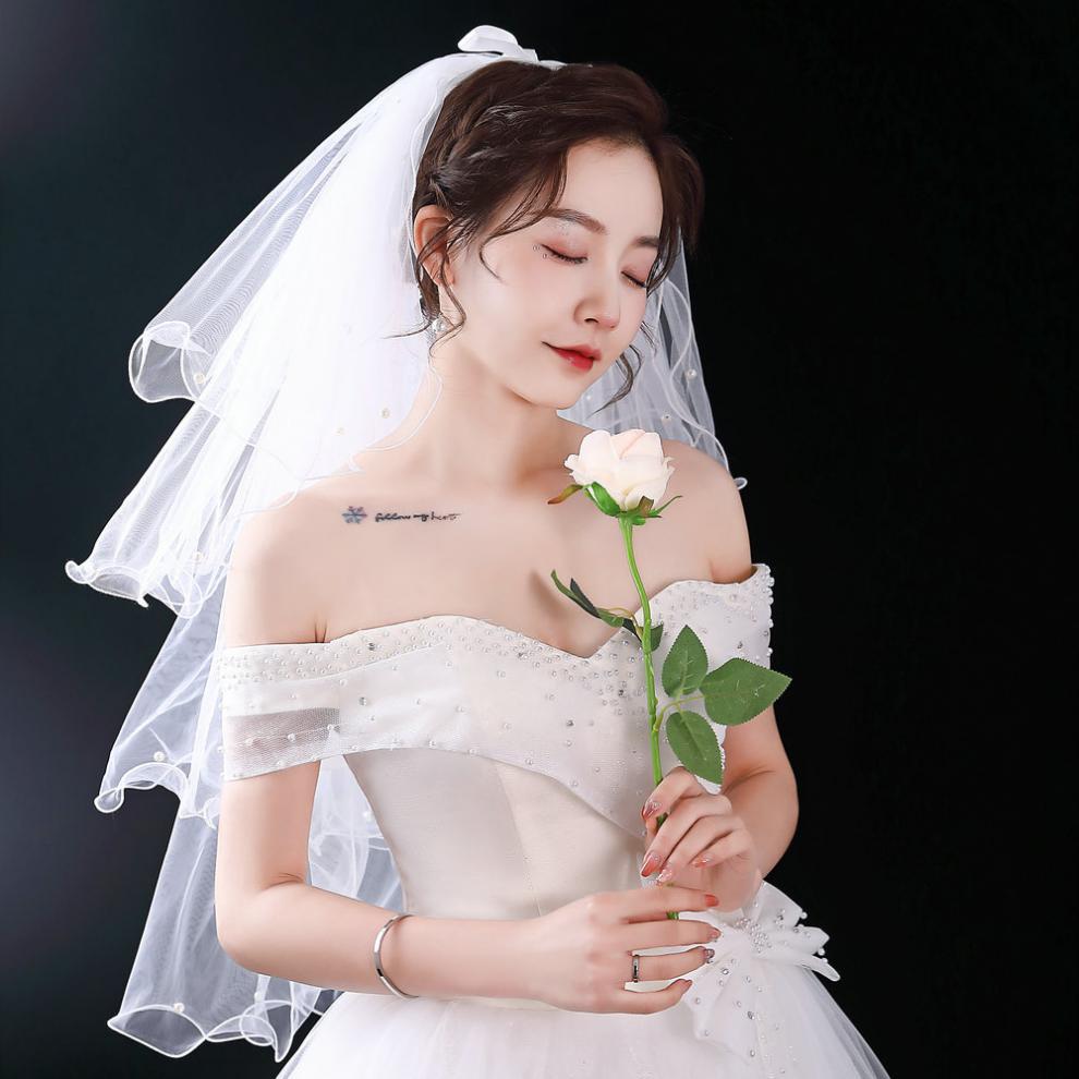 新款韩式小头纱领证拍照头纱新娘结婚配饰影楼写真头纱多层蓬蓬款