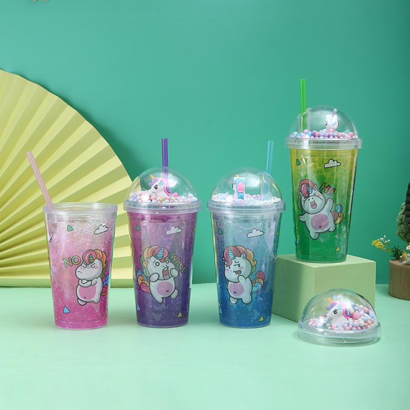 New Unicorn Cup with Straw Creative Ice Crushing Cartoon Drinking Cup Portable Student Plastic Cup Wholesale