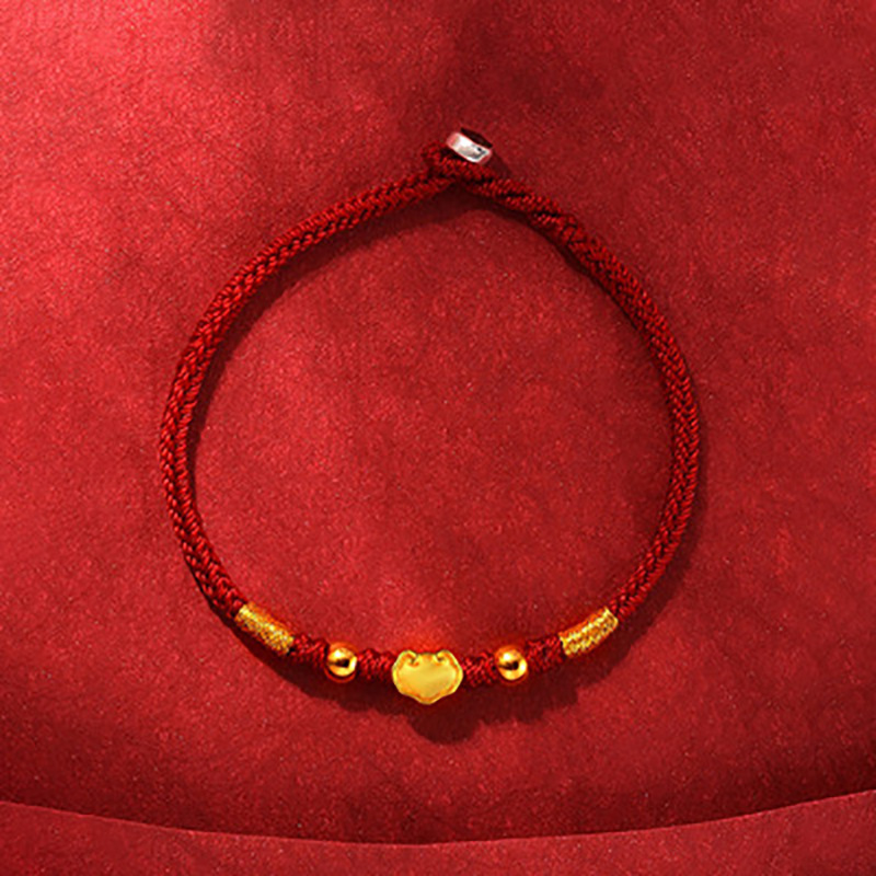 足金999长命锁小祥云如意金锁红绳手链女黄金转运珠本命年手串