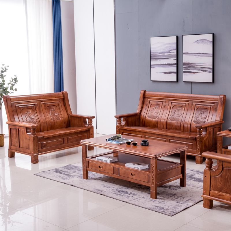 客厅家具现代经济型苦楝木红椿木实木沙发农村仿古沙发双鱼戏莲
