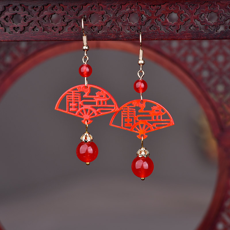 中国风红色结婚庆扇子耳坠女古典复古耳环新年耳饰配唐装汉服喜庆