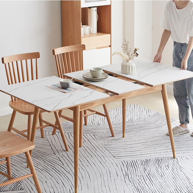 简约橡木岩板折叠斜腿餐桌北欧现代民宿工程家具折叠饭桌伸缩桌子