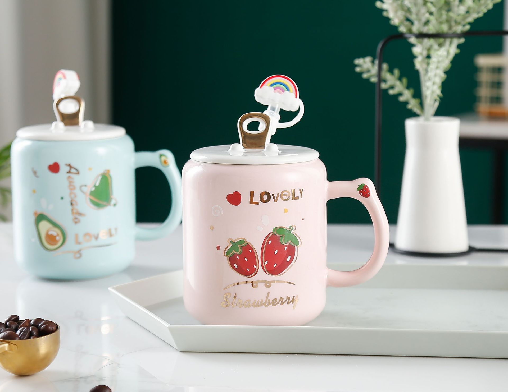 Creative Fruit Cans Ceramic Cup with Straw Good-looking Cute Mobile Phone Holder Water Cup Gift Wholesale Mug