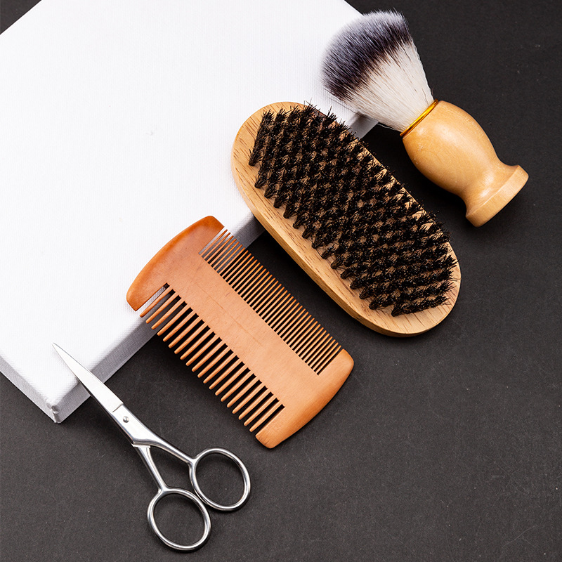 Four-Piece Set of Beards for Cross-Border Manufacturers, Shaving Brush Two-Sided Hairbrush Pogonotomy Scissors, Hair Brush, Buggy Bag Men