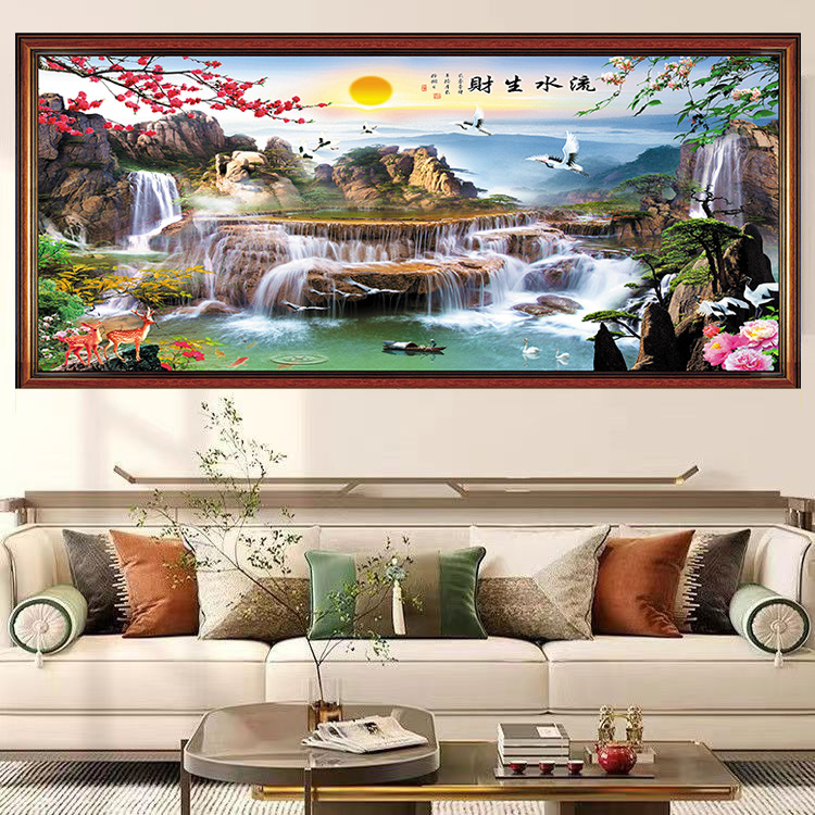 流水生财2023新款十字绣大幅风景山水画客厅聚宝盆大格线绣自己绣