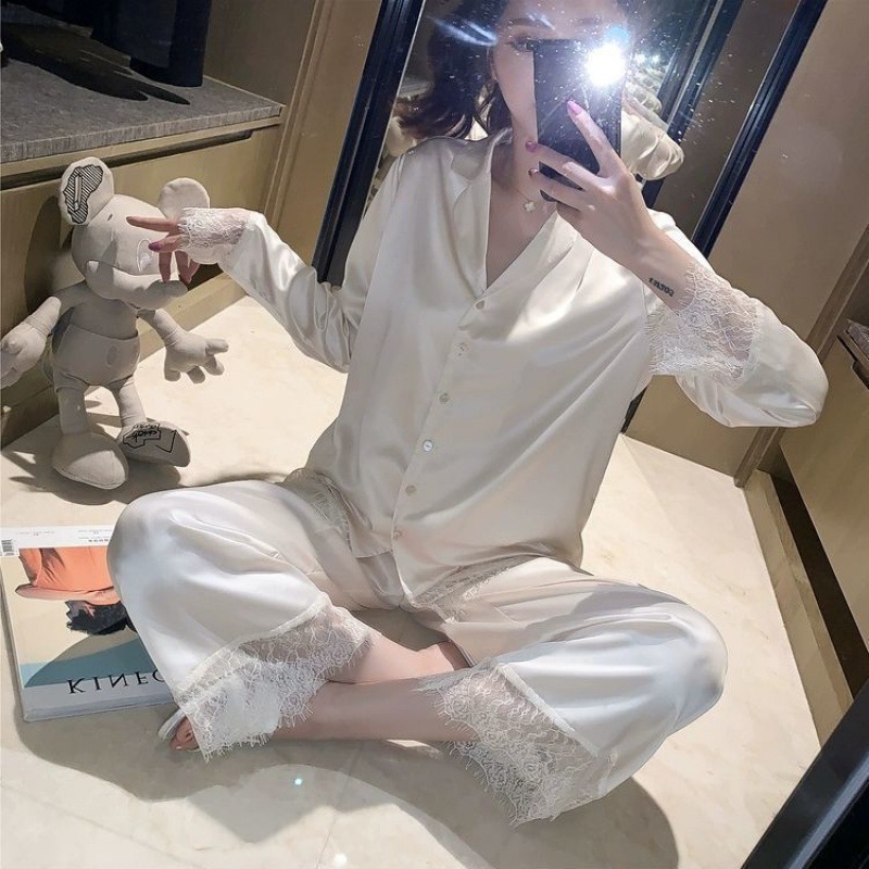 冰丝睡衣 情侣女春秋薄款蕾丝拼接两件套可外穿长袖套装家居服