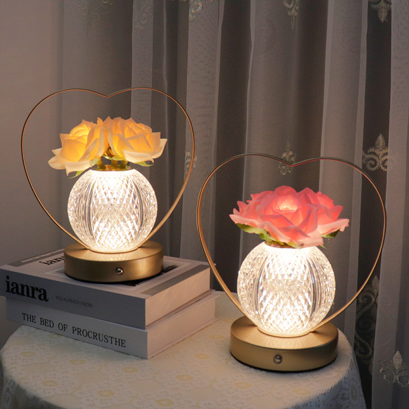 Portable Lamp Led Rose Table Lamp Small Night Lamp Table Decorative Ornaments High Sense Ambience Light Bedside Lamp Wedding