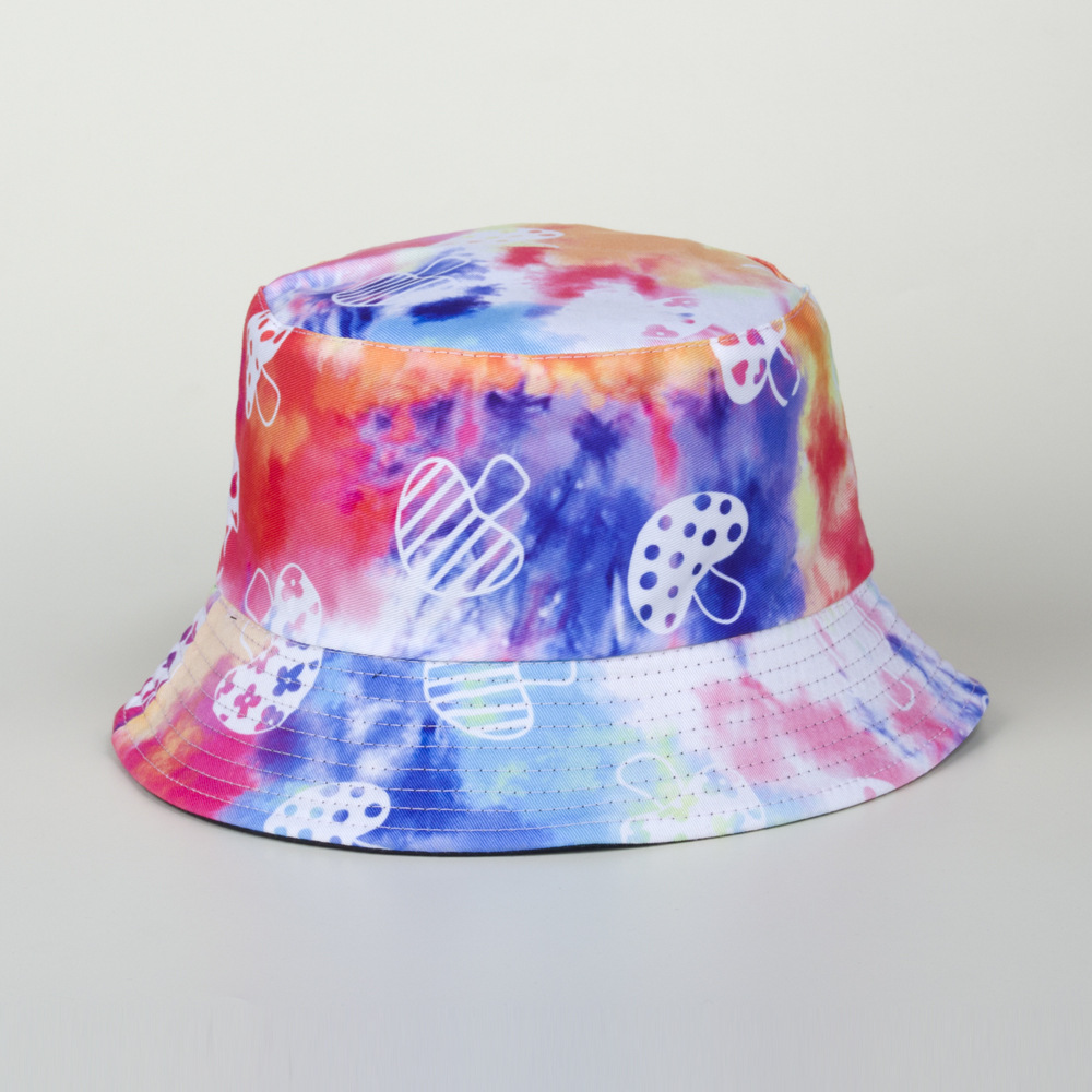 彩色扎染渔夫帽蘑菇蝴蝶双面盆帽街头时尚防晒帽出游遮阳帽子跨境