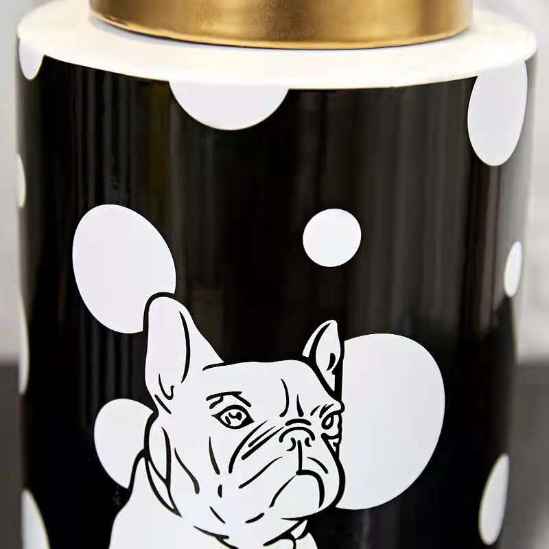 创意法斗犬狗花瓶摆件装饰品罐子 可爱威武黑白金电镀陶瓷花器