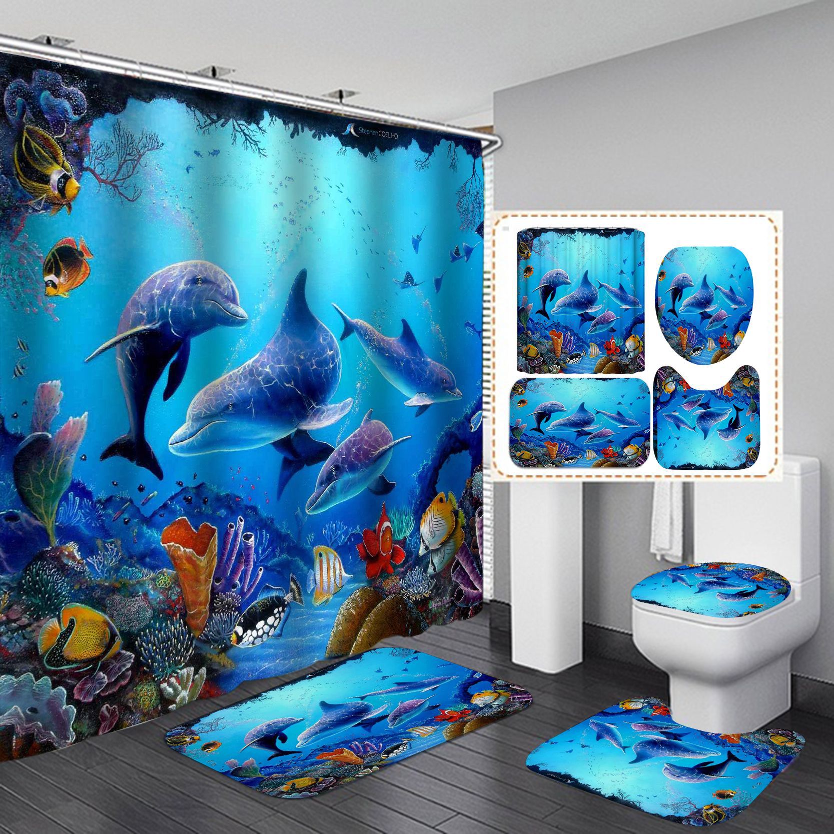 Shower Curtain Set Marine Life Series HD Digital Printing Waterproof Punch-Free Partition Curtain Hotel Rain Curtain