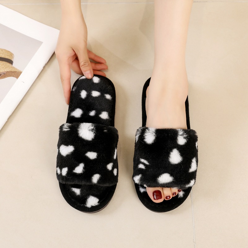 Fairy Style Leopard Print Fluffy Slippers Women's Outer Wear 2023 Autumn New Plush Air-Conditioned Room Lazy Word Cotton Slippers