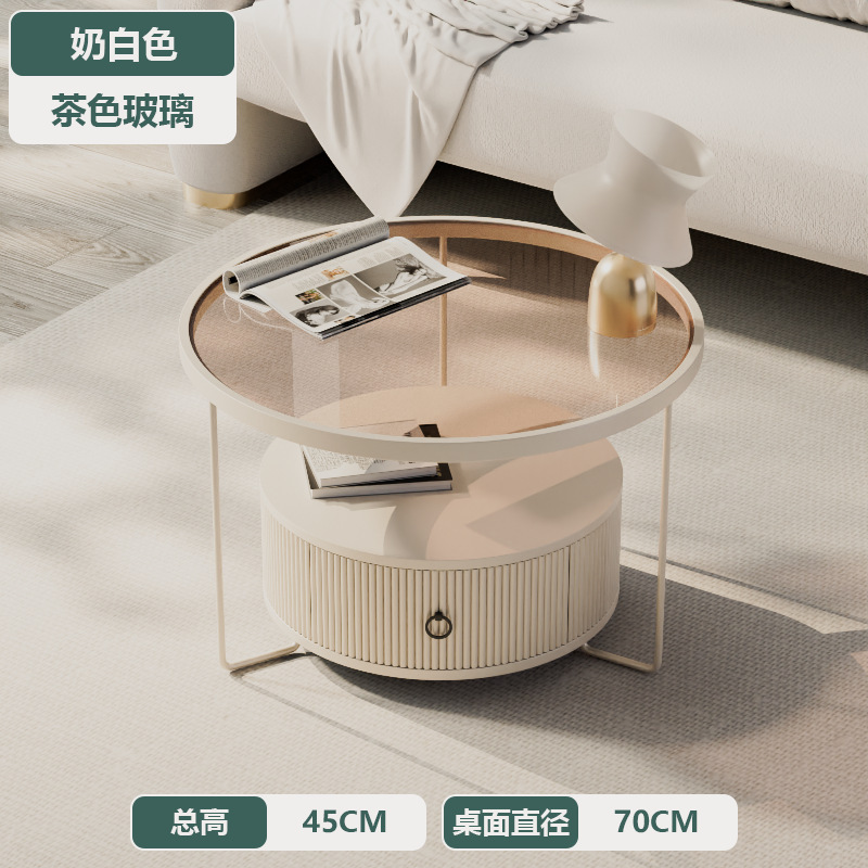 Household Living Room Simple Design with Drawer Storage Small Apartment Cream Wind Rock Plate round Tempered Glass Tea Table