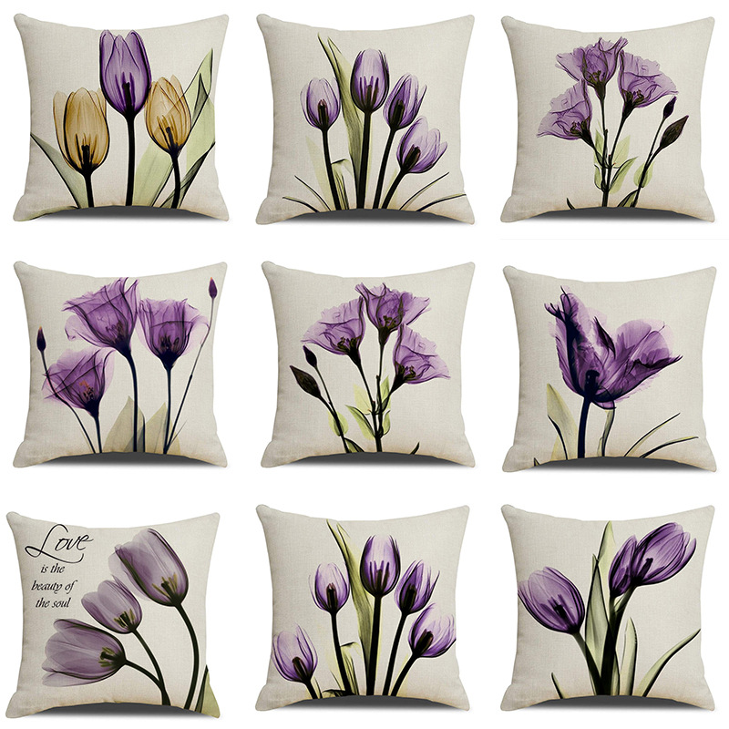 Amazon Cross-Border Light Luxury Plant Flower Linen Pillow Cover Purple Tulip Digital Printing Throw Pillowcase Home