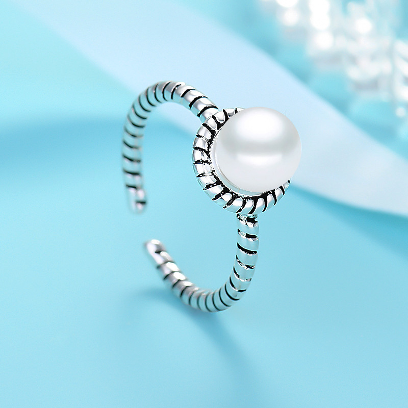 麻花珍珠戒指 民族风网红个性镀泰银编织做旧开口女指环电商货源