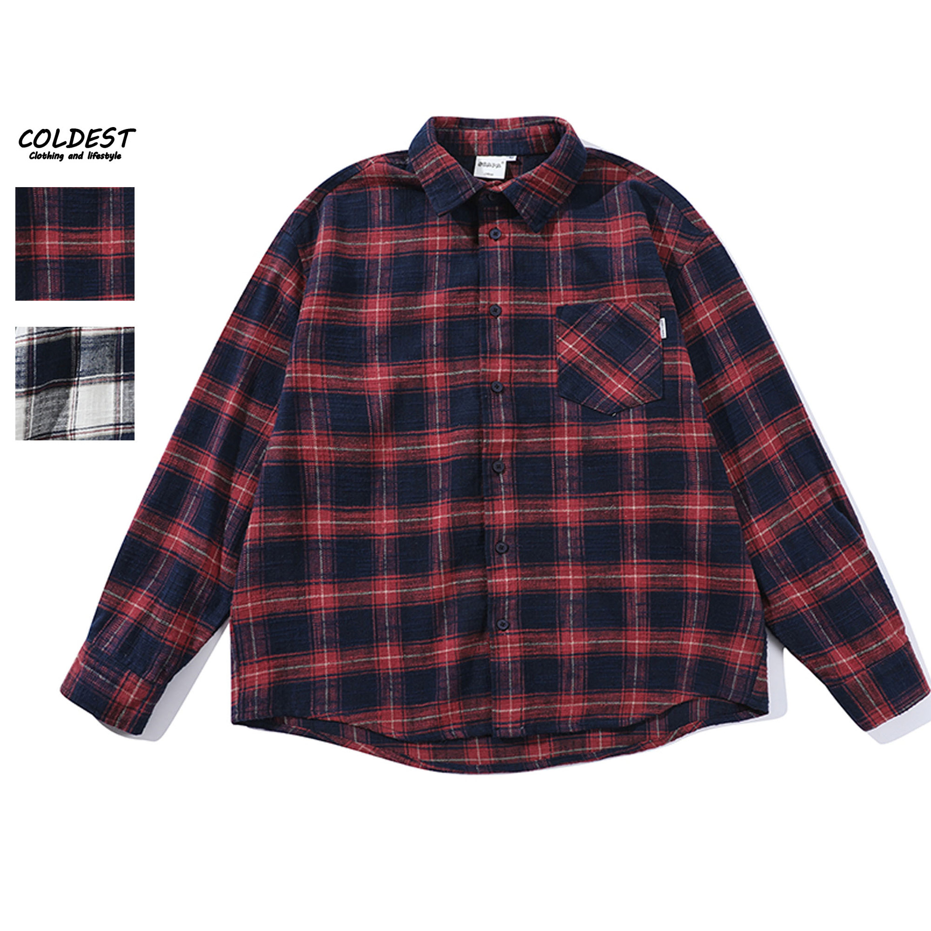 coldest男装|日系潮牌复古格子宽松长袖衬衣法兰绒衬衫潮男春秋外