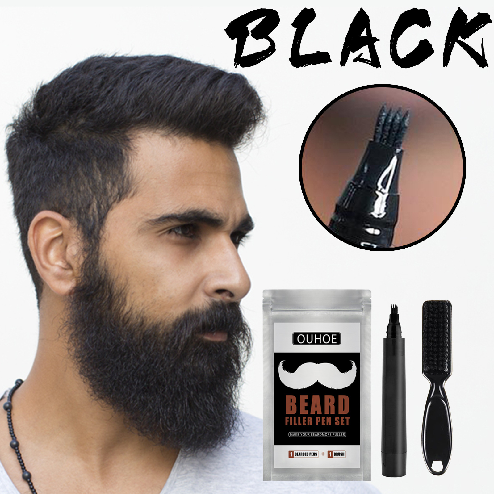 Ouhoe Beard Headline Filler Black Beard Fork Four Heads Naturally Waterproof Filling Brush Set