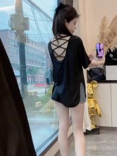 性感交叉后背镂空短袖t恤女夏季新款设计感小众韩版宽松薄款上衣