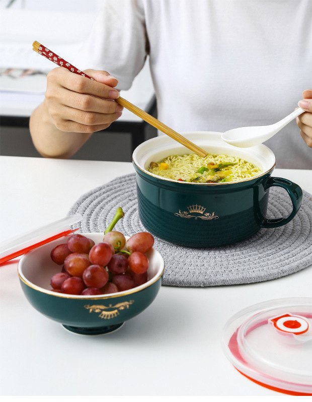 饭盒学生宿舍带盖把筷勺泡面碗陶瓷日式饭碗大面碗杯便当盒套装