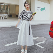 实拍条纹假两件法式连衣裙女夏季韩版设计感收腰显瘦气质长裙套装