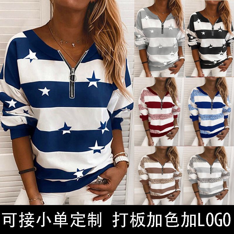 亚马逊 欧美女装 春夏V领学院风休闲 条纹印花套头宽松拉链 卫衣