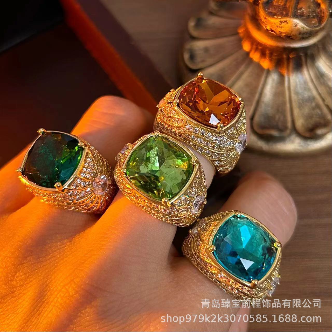 古董满锆石锆石铜材质戒指 中古vintage法式绿宝石高级感戒指指环