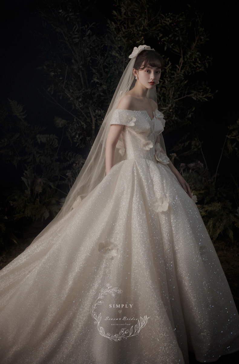 《琉光》婚纱2022新款森系小个子新娘超仙礼服梦幻一字肩婚纱拖尾