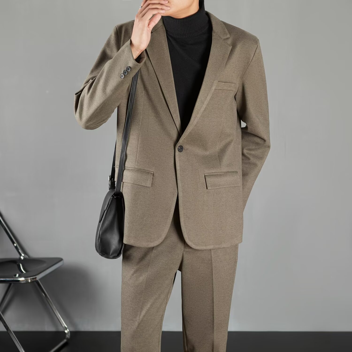 冬季休闲毛呢西装男外套2023年新款单件妮子短款灰色小西服上衣潮