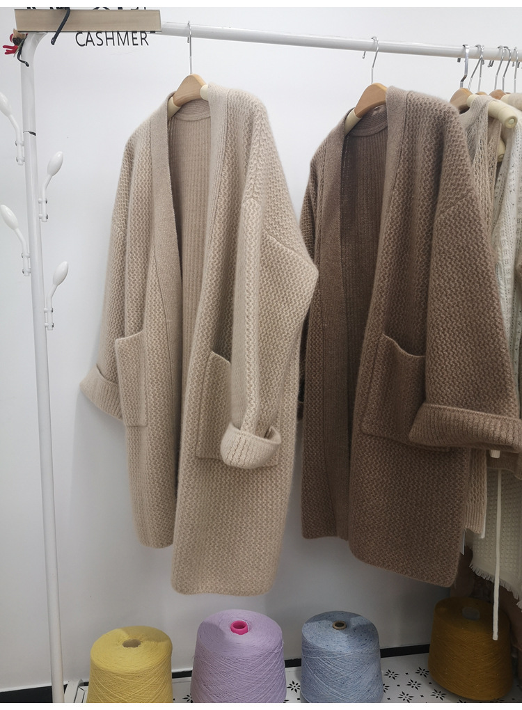 重磅显瘦中长款加厚潮羊毛针织开衫外套女慵懒风外穿宽松带兜毛衣