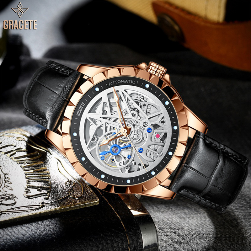 gracete格雷斯特瑞士品牌时尚机械手表 男士防水透底镂空机械表