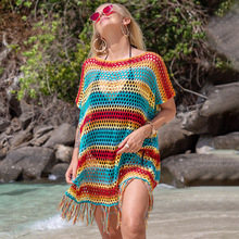 新款欧美沙滩针织流苏短款罩衫海边度假比基尼外罩衫性感泳衣外搭
