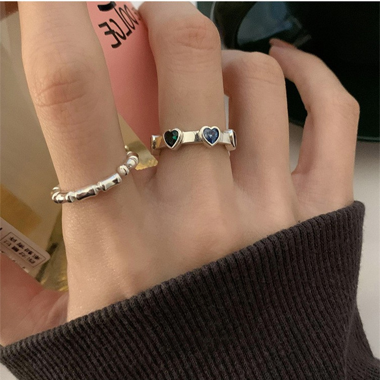 Korean Style S925 Silver Simple Bamboo Ring Women's Retro Fashion Colored Loving Heart Zircon Opening Ring Food