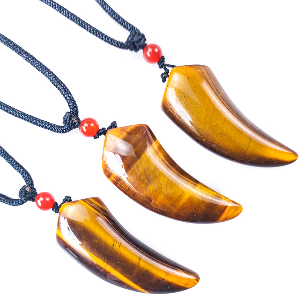 Natural Stone Horn Shape Lang Tooth Pendant Hanging Ornament Yellow Tiger Eyes Jade Blade Necklace Neck Accessories Accessories