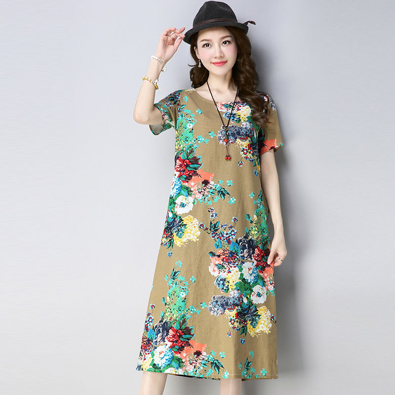 大码女装200斤胖碎花连衣裙韩版新款宽松裙子中长款短袖印花潮