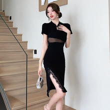 新中式改良旗袍年轻款高端气质精致国风黑色性感连衣裙女夏季新款