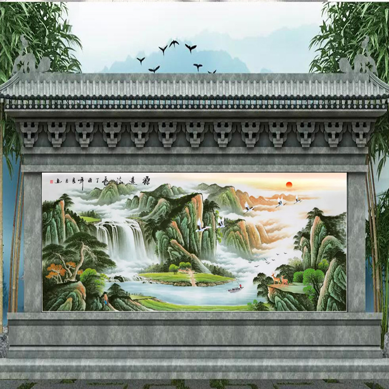 迎门墙室外庭院墙砖 瓷砖背景墙微晶 门头山水画外墙风水瓷砖壁画