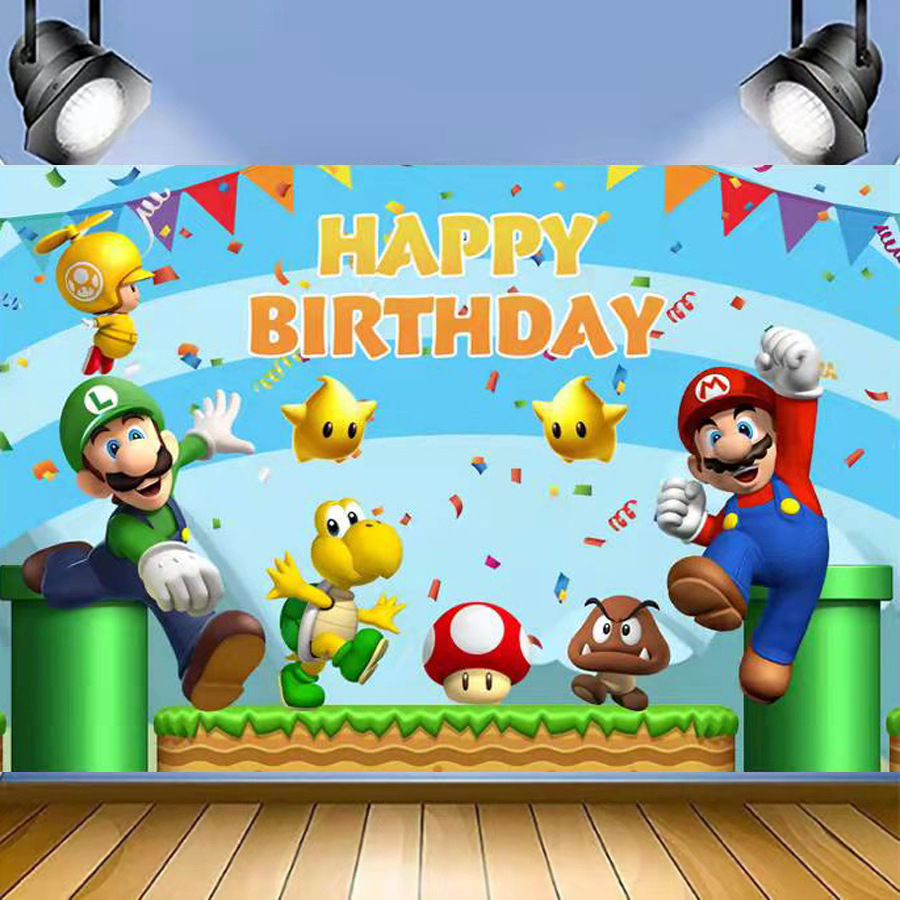 卡通游戏马里奥主题背景布摄影儿童生日派对装饰拍照道具5x3ft