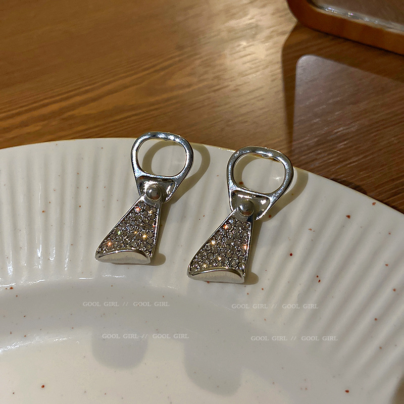 925银针趣味镶钻易拉罐拉环耳环欧美风耳坠网红设计感时尚耳饰品