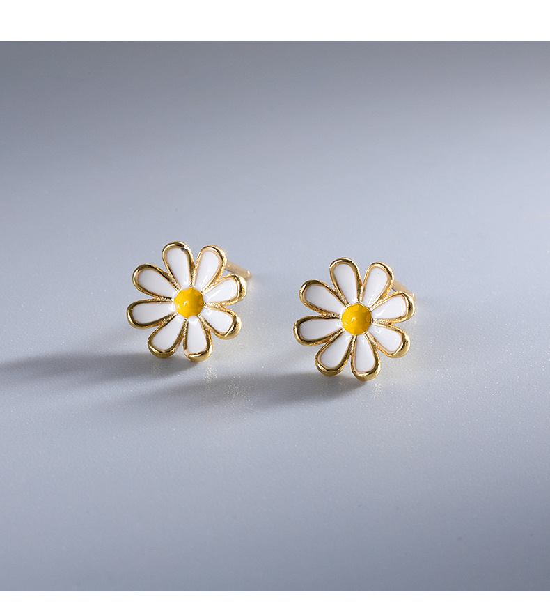 小雏菊金色耳钉女s925纯银太阳花朵滴胶耳环韩版气质简约网红配饰