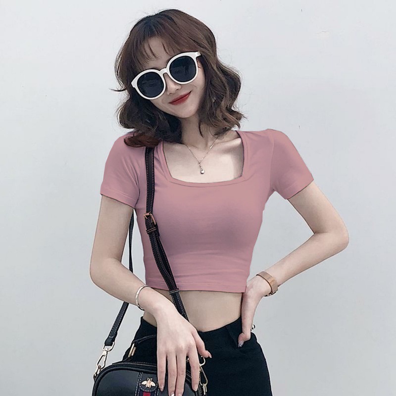 露腰上衣女短袖t恤夏季方领修身短款大领口低领露脐打底衫上衣