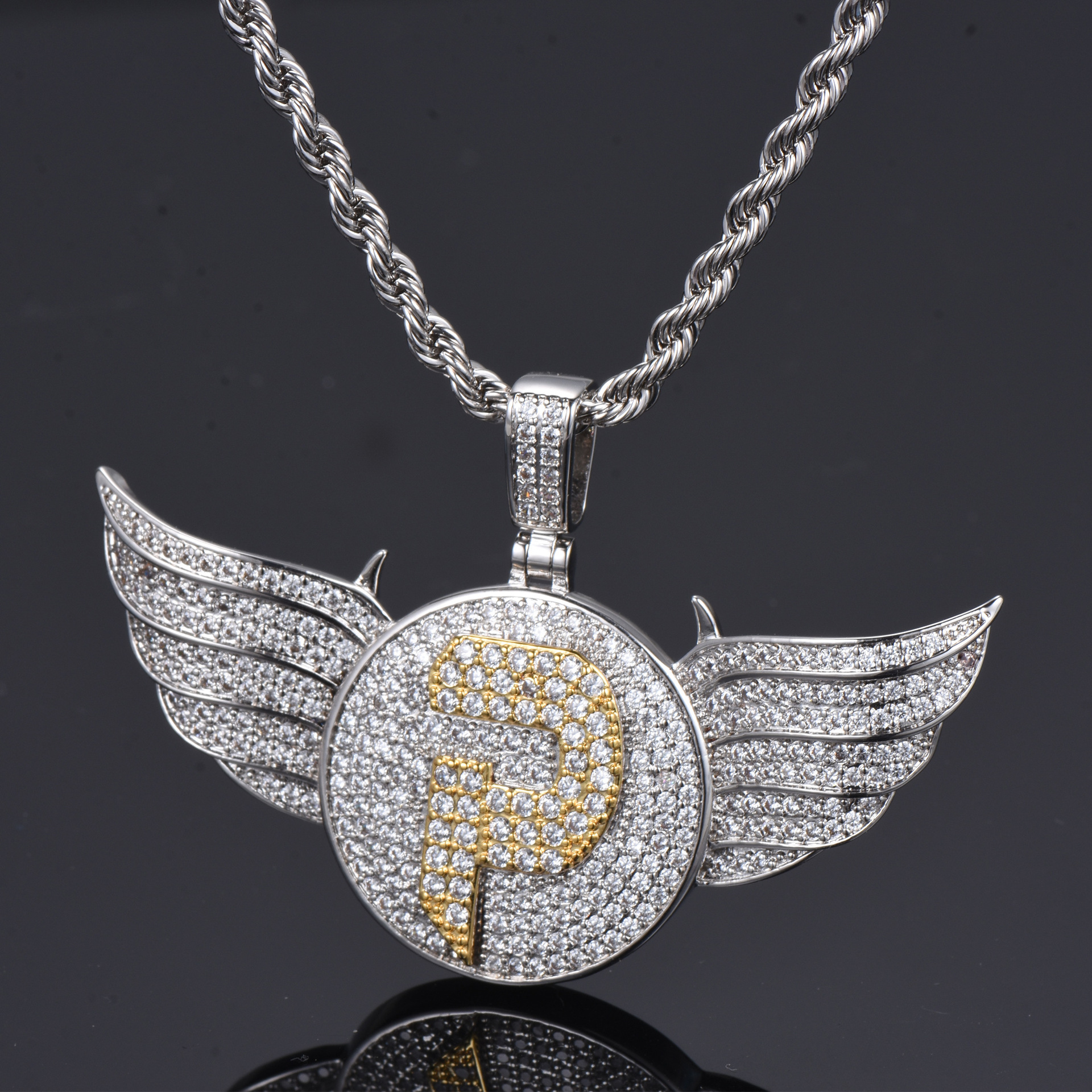 欧美新款街头比翼双飞吊坠 创意镶钻白锆石铜制项链饰品批发