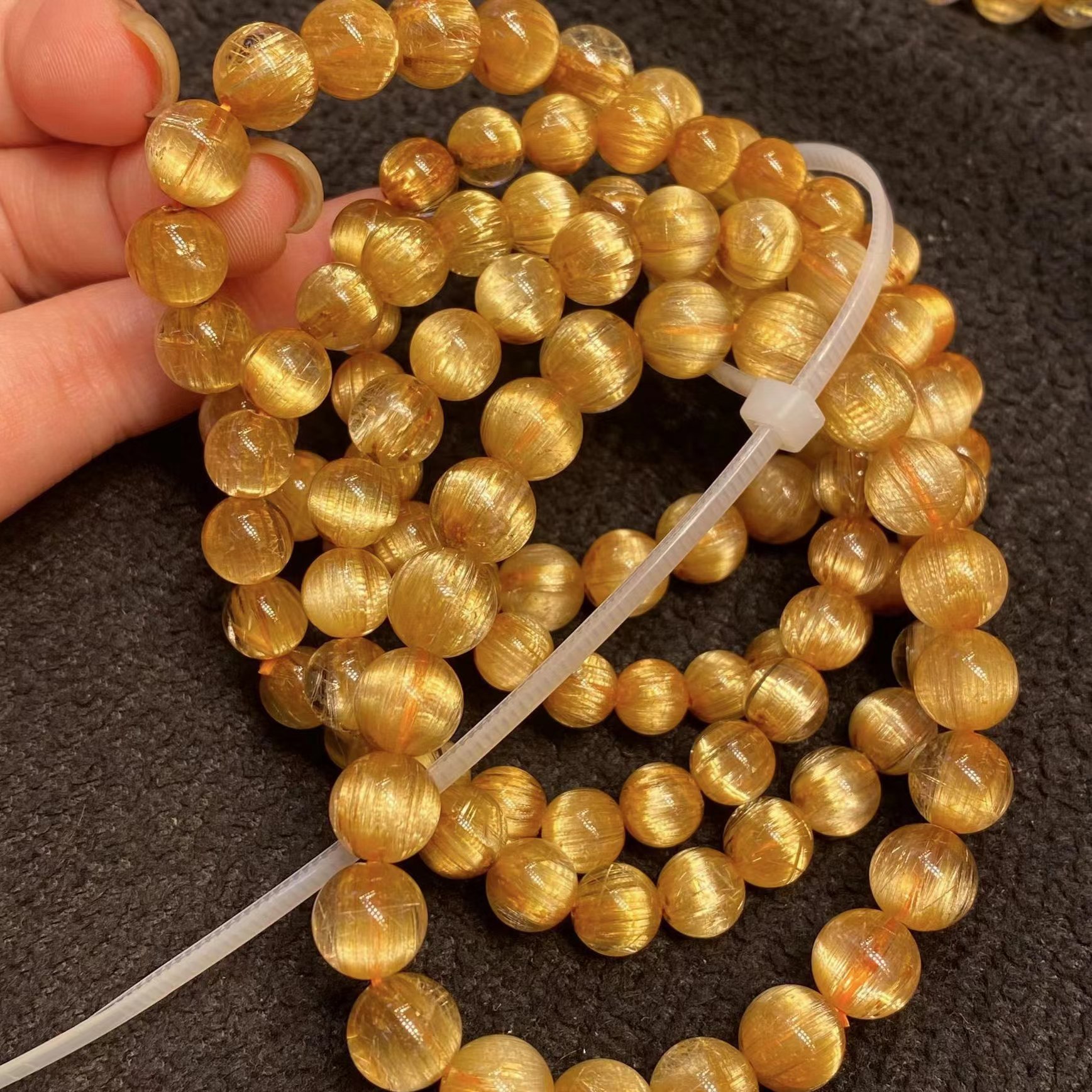 天然钛金金发晶圆珠手链顺发猫眼金发钛金男女款手串发晶工厂批发-阿