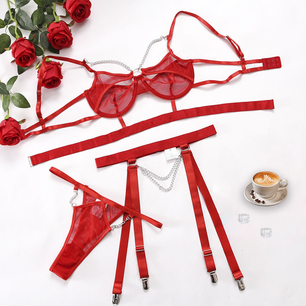 European and American Cross-Border Amazon New Metal Chain Stockings Shoulder Strap Perspective Sexy Sexy Lingerie Suit for Women