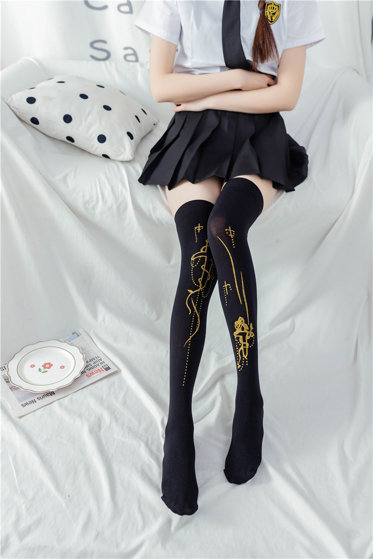天鹅绒过膝袜大腿袜黑白丝袜烫金胶印lolita长筒jk学生微透女 cos