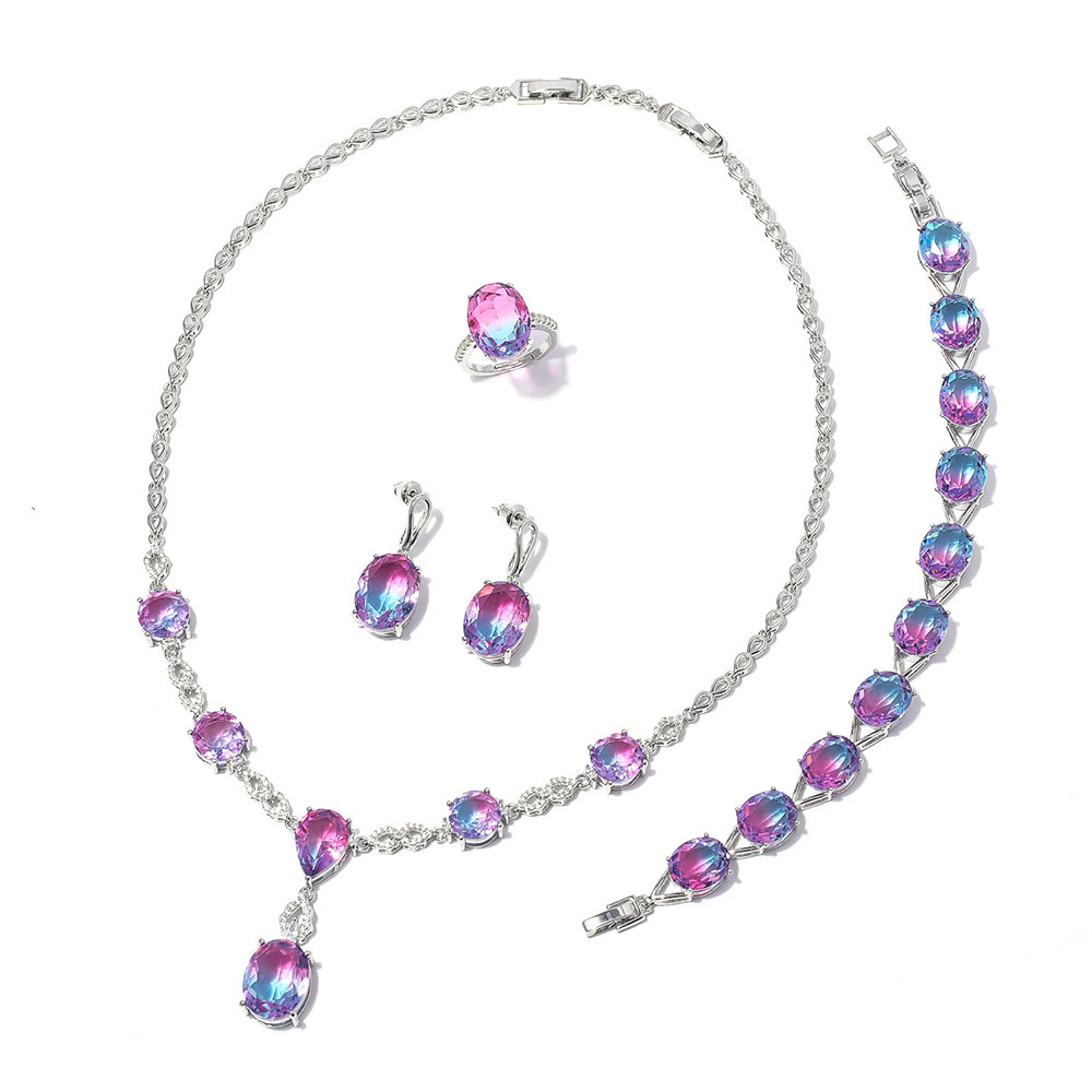 韩国彩虹锆石首饰套装高级感套装 红蓝渐变新娘项链首饰套装多色