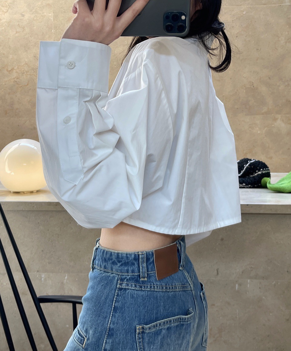 「私密款」夏季新款韩版时髦短款长袖衬衫宽松显瘦高腰露脐上衣女