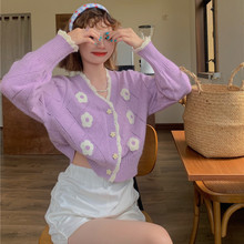 春秋季韩版2023新款时尚chic法式短款个性花朵宽松长袖针织毛衣女