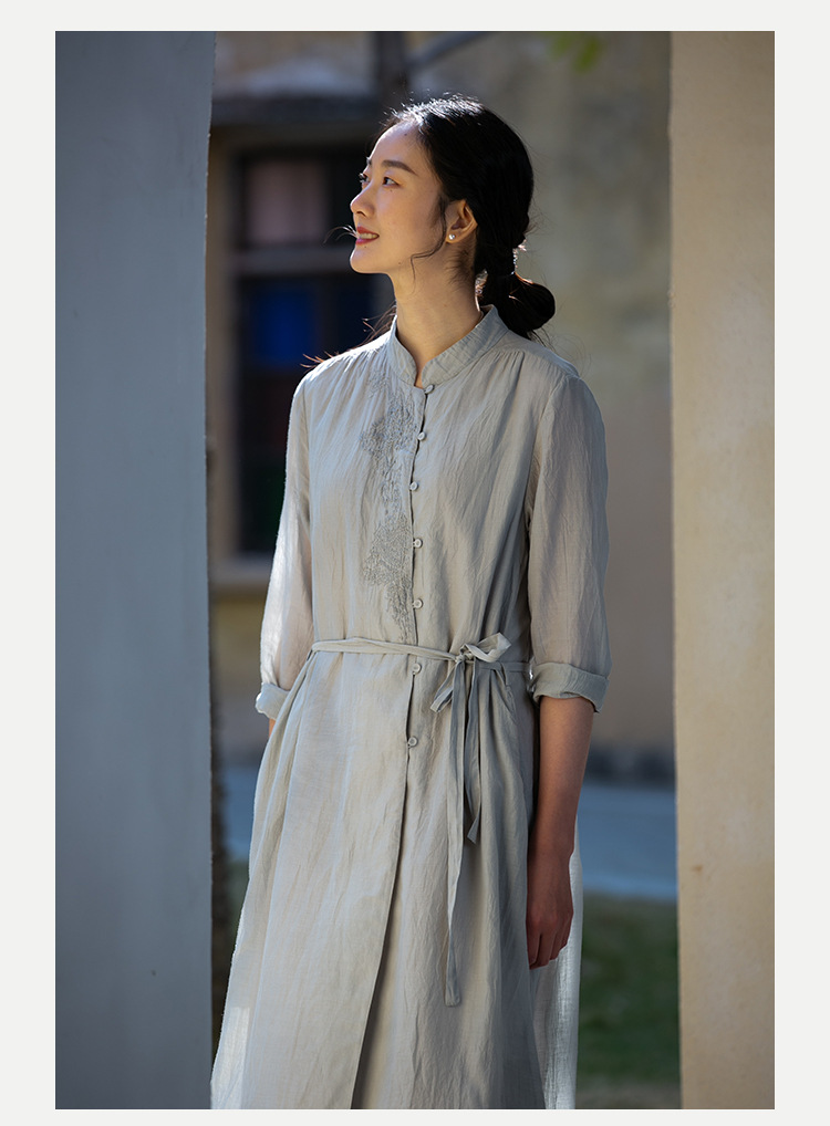 绣花短袖上衣2022春季新款高腰纯色麻红色中长裙国风复古套头亚麻服装