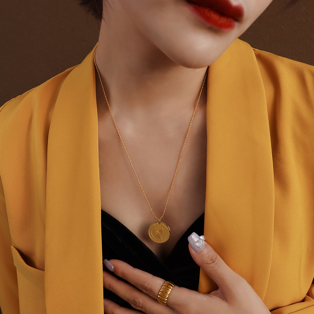 欧美复古伊丽莎白人像钱币圆牌吊坠珠链项链锁骨链毛衣链女 p135-阿里