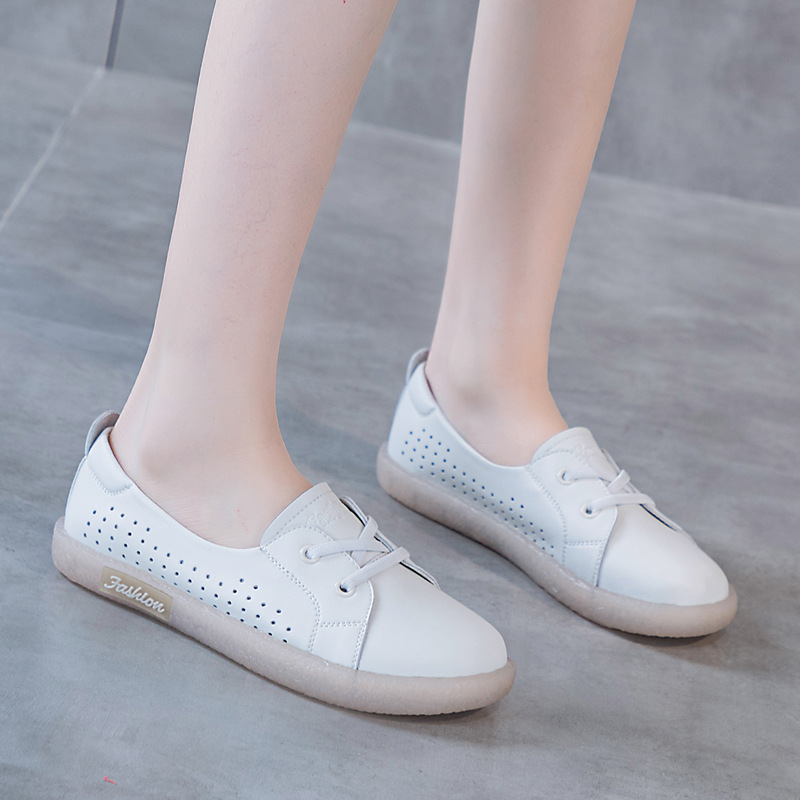 Oversized Shoes 2023 Spring and Summer New Versatile Cowhide White Shoes Genuine Leather Soft Bottom Single-Layer Shoes Hollow out Flat Pregnant Women's Shoes