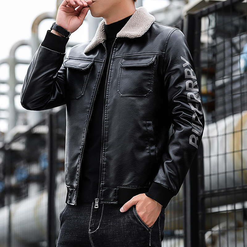 2021新款皮衣男韩版潮流青年帅气保暖毛领皮夹克男装休闲机车外套